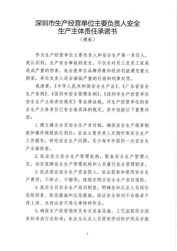 深圳市生產(chǎn)經(jīng)營單位主要負責(zé)人安全生產(chǎn)主體責(zé)任承諾書